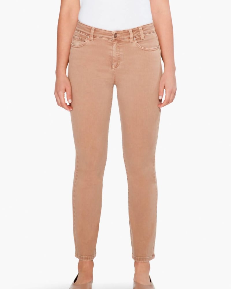 Front of a model wearing a size 32 Colored Mid Rise Straight Ankle Jeans in Mochachino in Mochachino by Nic + Zoe. | dia_product_style_image_id:326496